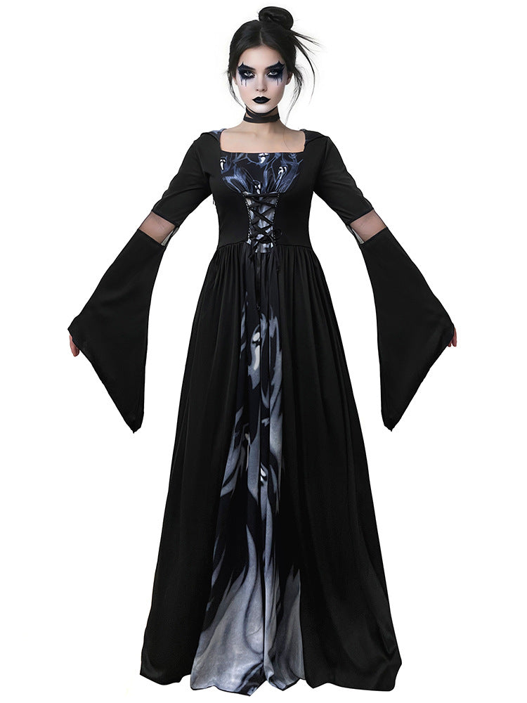Halloween Witch Dress Hooded Skeleton Witch Magician Cosplay Stage Performance Costume