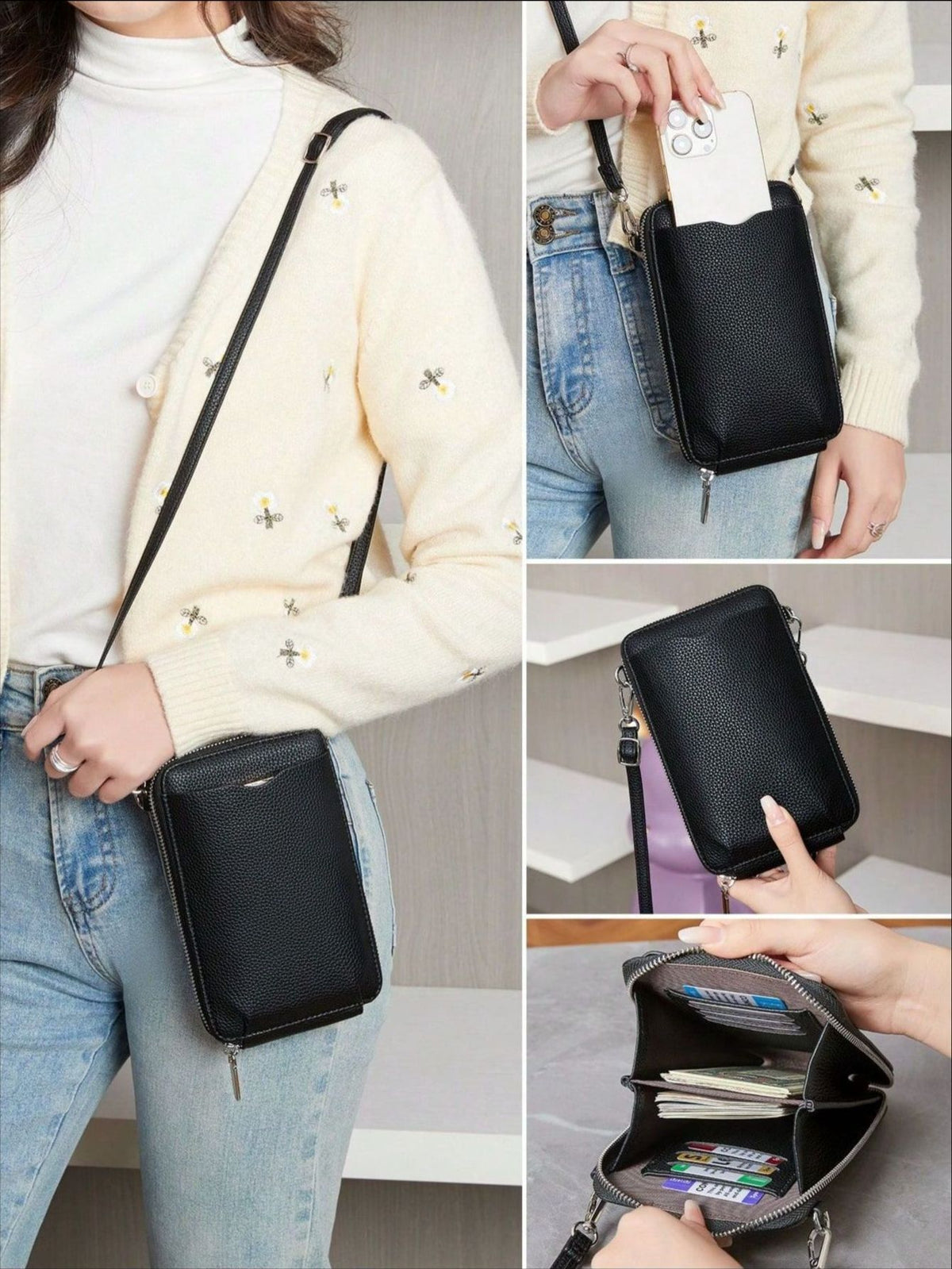 2024 New Mini Litchi Pattern Mobile Phone Bag Wallet Fashionable Women's Multifunctional Crossbody Small Bag Simple Shoulder Bag