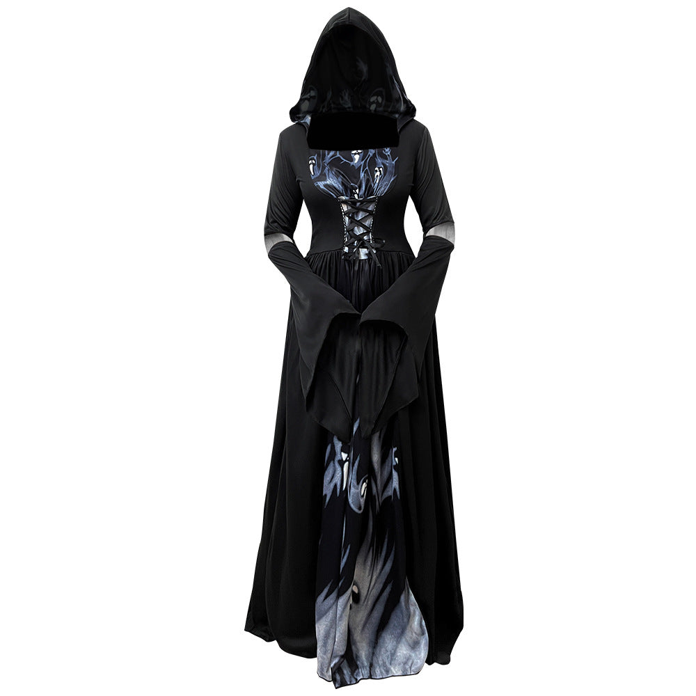 Halloween Witch Dress Hooded Skeleton Witch Magician Cosplay Stage Performance Costume