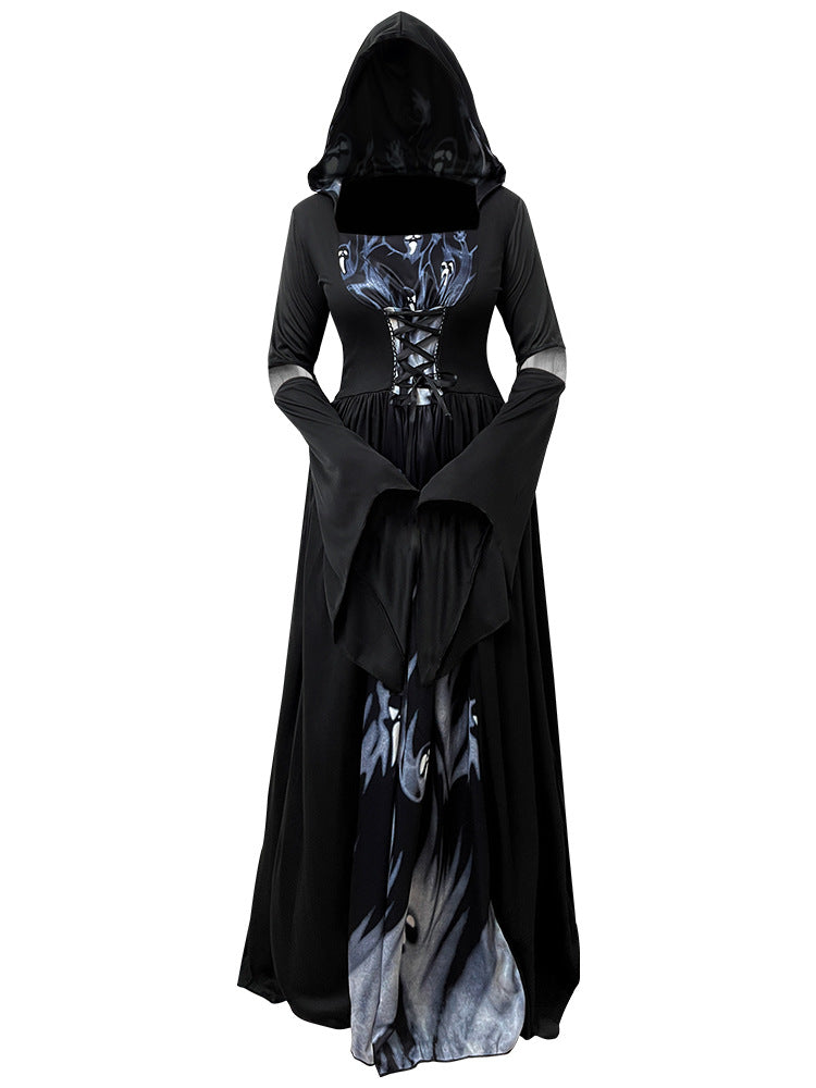 Halloween Witch Dress Hooded Skeleton Witch Magician Cosplay Stage Performance Costume