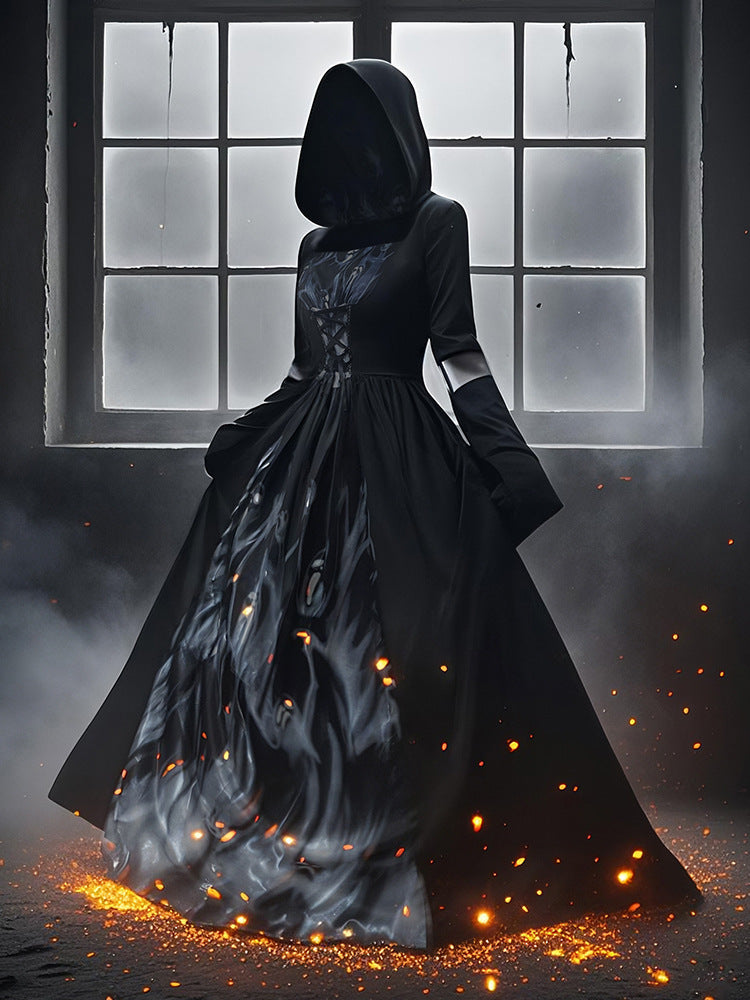 Halloween Witch Dress Hooded Skeleton Witch Magician Cosplay Stage Performance Costume