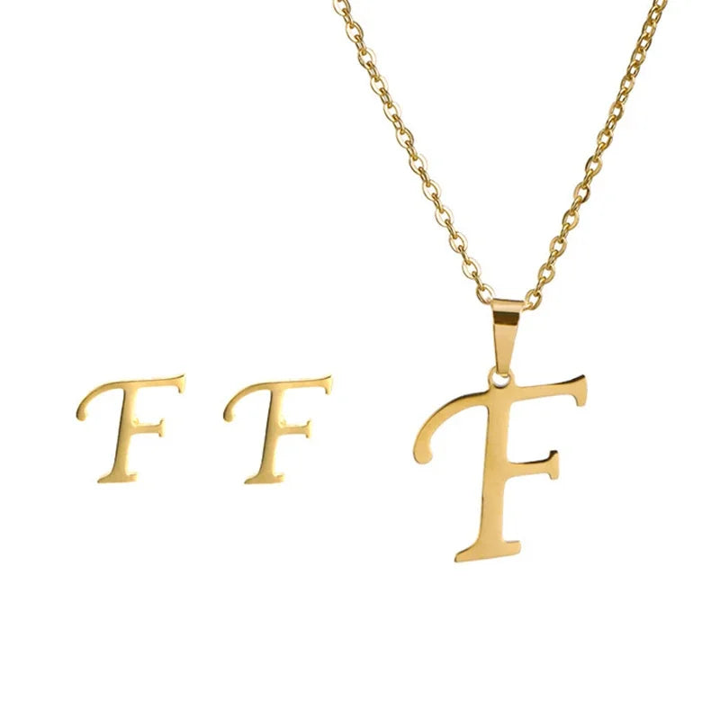 Fashion Stainless Steel A-Z Alphabet Initial Necklace 26 English Letter Earrings Necklace For Women Set Personalize Jewelry Gift
