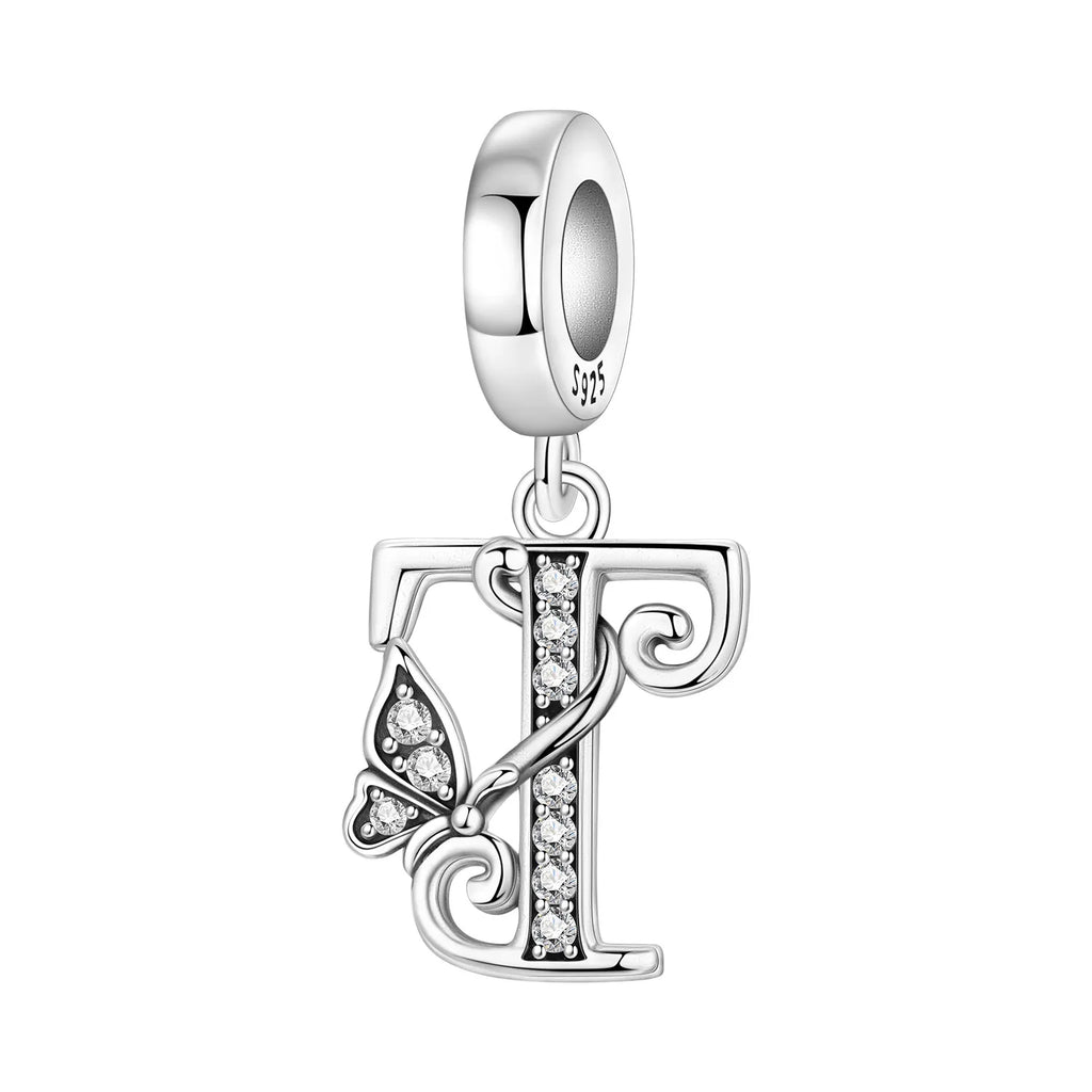 Original 925 Sterling Silver CZ Zircon Butterfly A-Z 26 Letter Charms Alphabet Beads Pendant Fit Bracelet Necklace DIY Jewelry