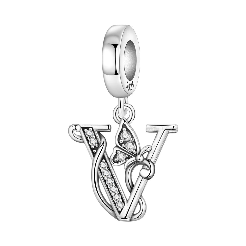 Original 925 Sterling Silver CZ Zircon Butterfly A-Z 26 Letter Charms Alphabet Beads Pendant Fit Bracelet Necklace DIY Jewelry