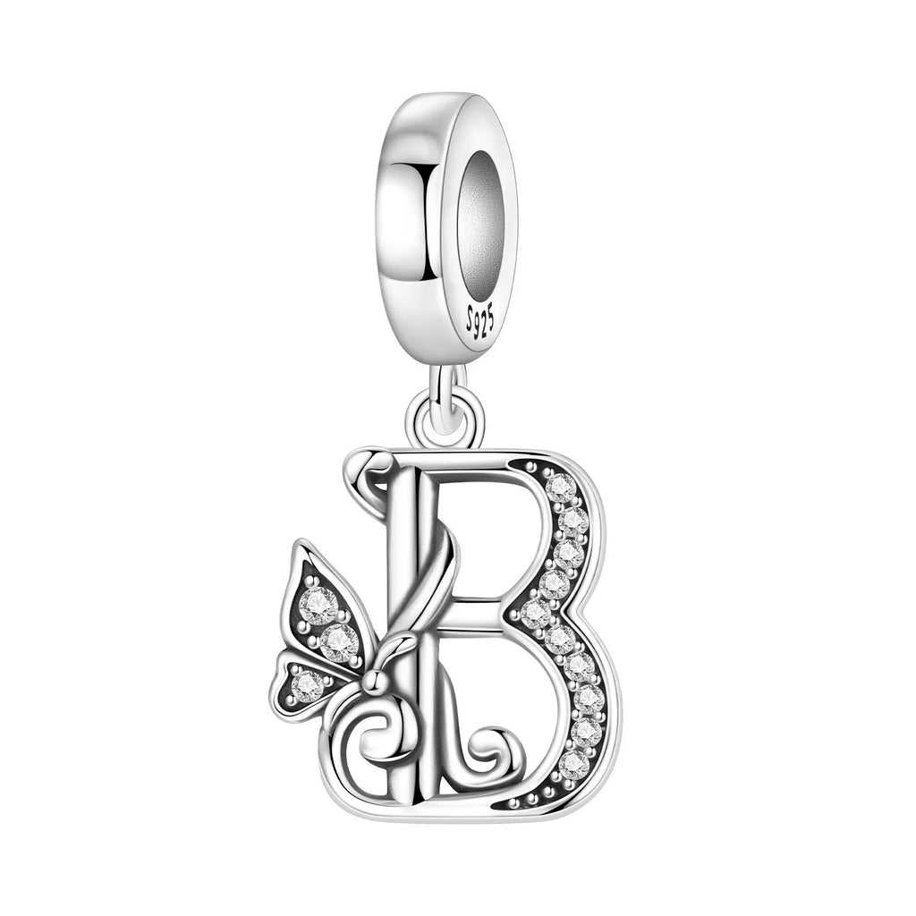 Original 925 Sterling Silver CZ Zircon Butterfly A-Z 26 Letter Charms Alphabet Beads Pendant Fit Bracelet Necklace DIY Jewelry