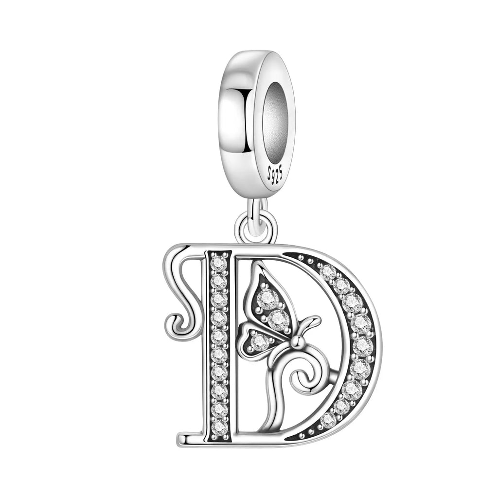Original 925 Sterling Silver CZ Zircon Butterfly A-Z 26 Letter Charms Alphabet Beads Pendant Fit Bracelet Necklace DIY Jewelry