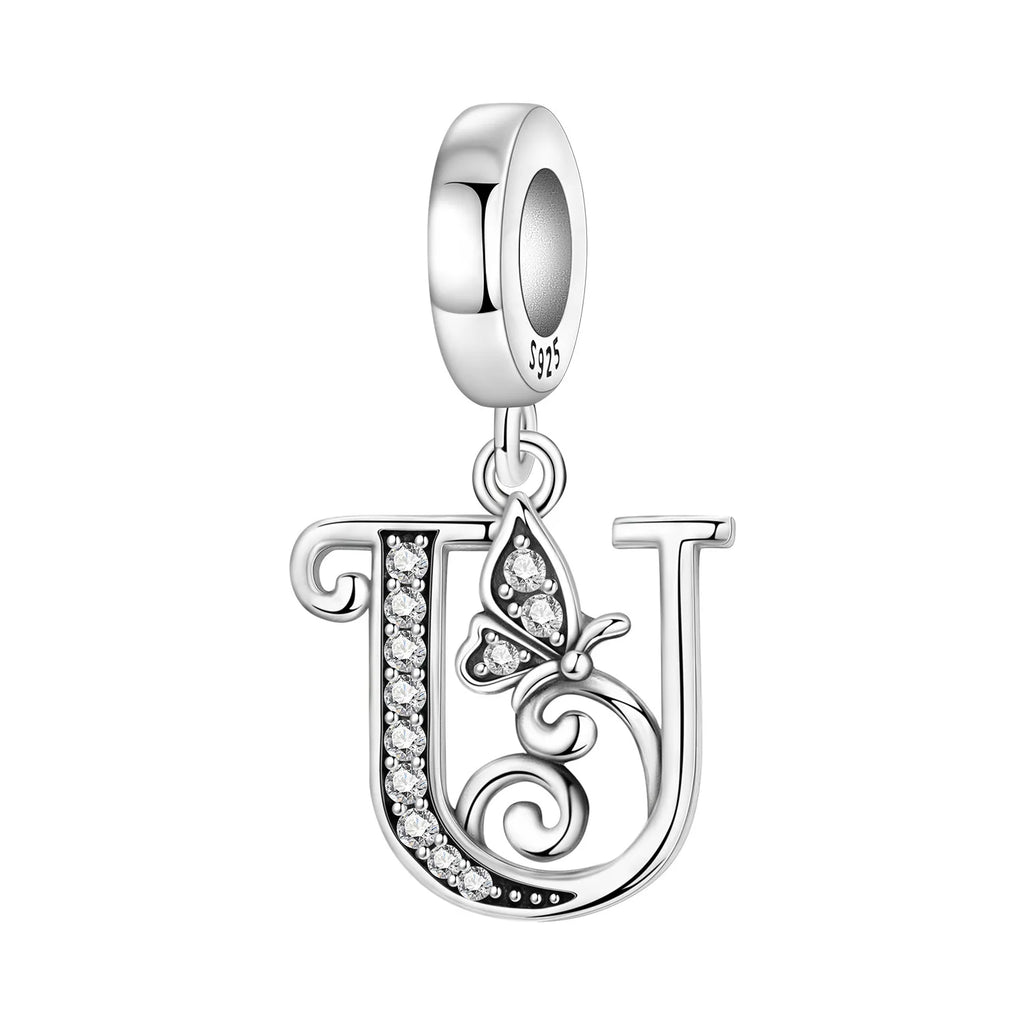 Original 925 Sterling Silver CZ Zircon Butterfly A-Z 26 Letter Charms Alphabet Beads Pendant Fit Bracelet Necklace DIY Jewelry