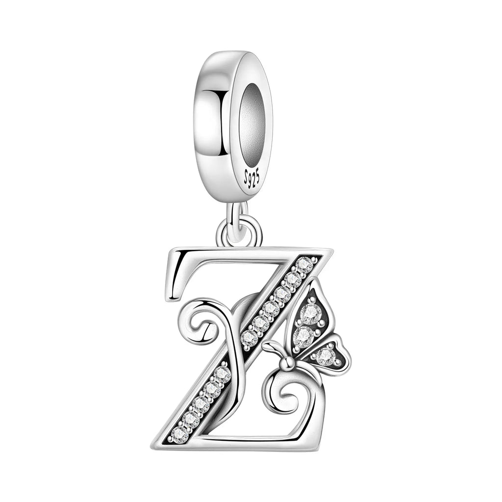 Original 925 Sterling Silver CZ Zircon Butterfly A-Z 26 Letter Charms Alphabet Beads Pendant Fit Bracelet Necklace DIY Jewelry