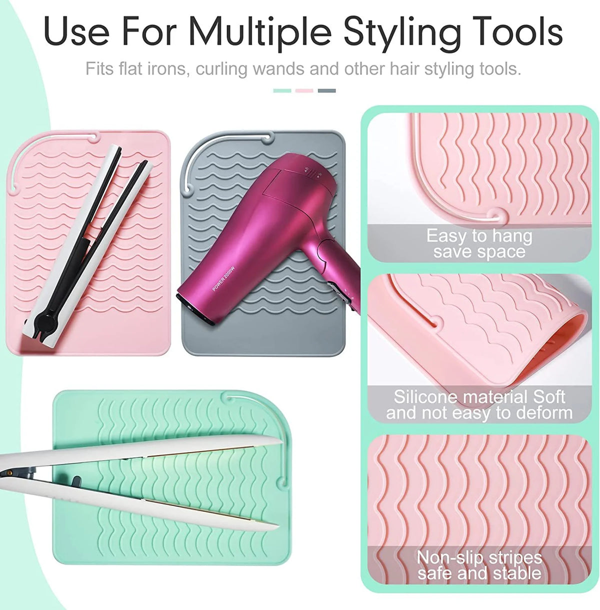 Heat Resistant Non-Slip Silicone Curling Iron Mat, Anti-Scald Durable Easy to Clean Portable Pad for Home Salon Travel Vanity Countertop Women Hair Stylists Flat Iron Hair Straightener Hot Styling Tool Accessory