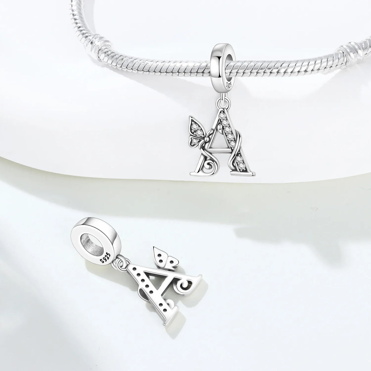 Original 925 Sterling Silver CZ Zircon Butterfly A-Z 26 Letter Charms Alphabet Beads Pendant Fit Bracelet Necklace DIY Jewelry