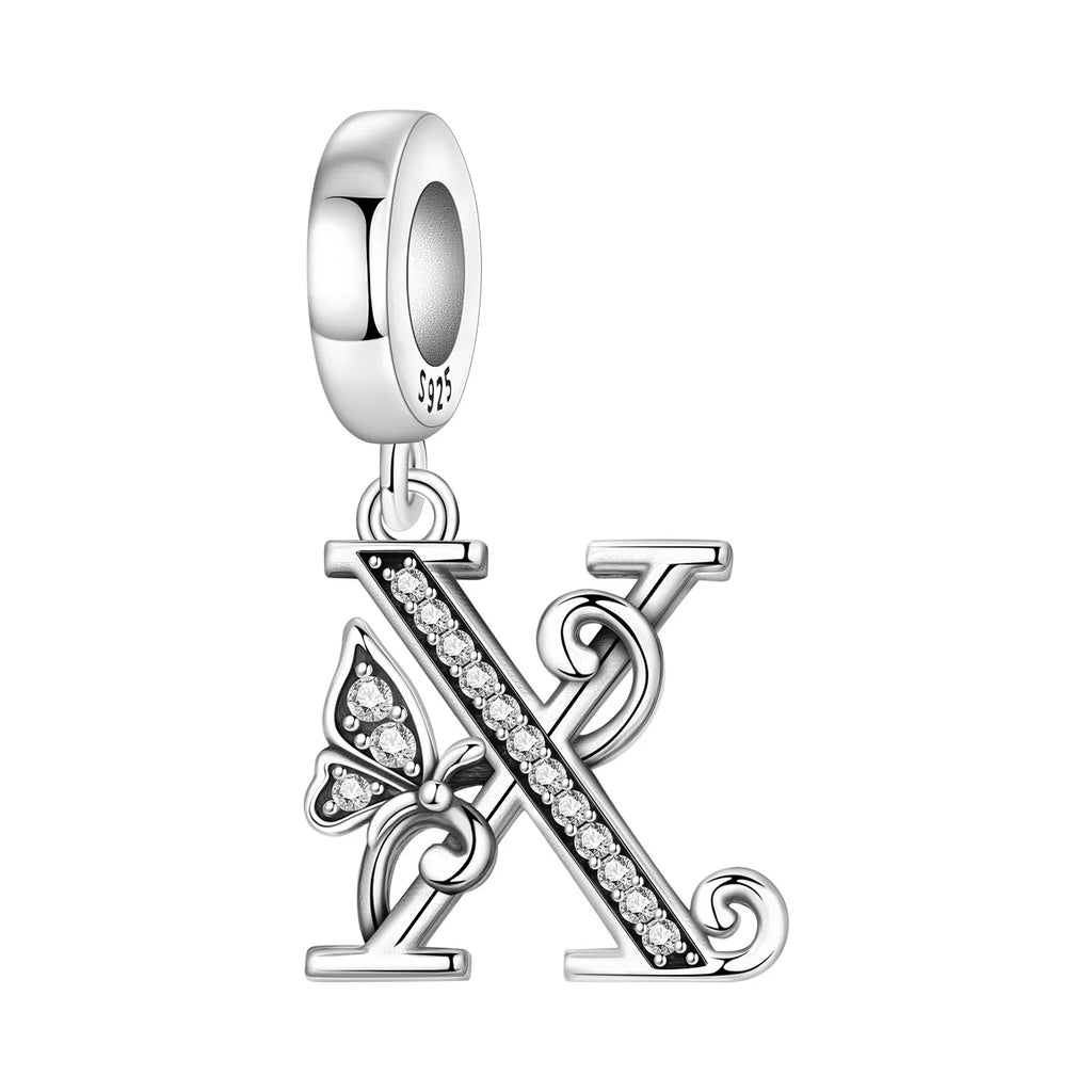 Original 925 Sterling Silver CZ Zircon Butterfly A-Z 26 Letter Charms Alphabet Beads Pendant Fit Bracelet Necklace DIY Jewelry