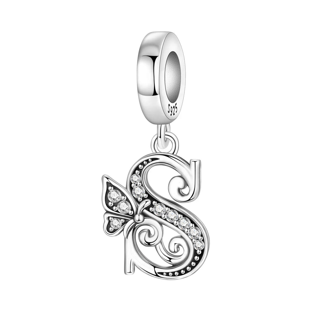 Original 925 Sterling Silver CZ Zircon Butterfly A-Z 26 Letter Charms Alphabet Beads Pendant Fit Bracelet Necklace DIY Jewelry