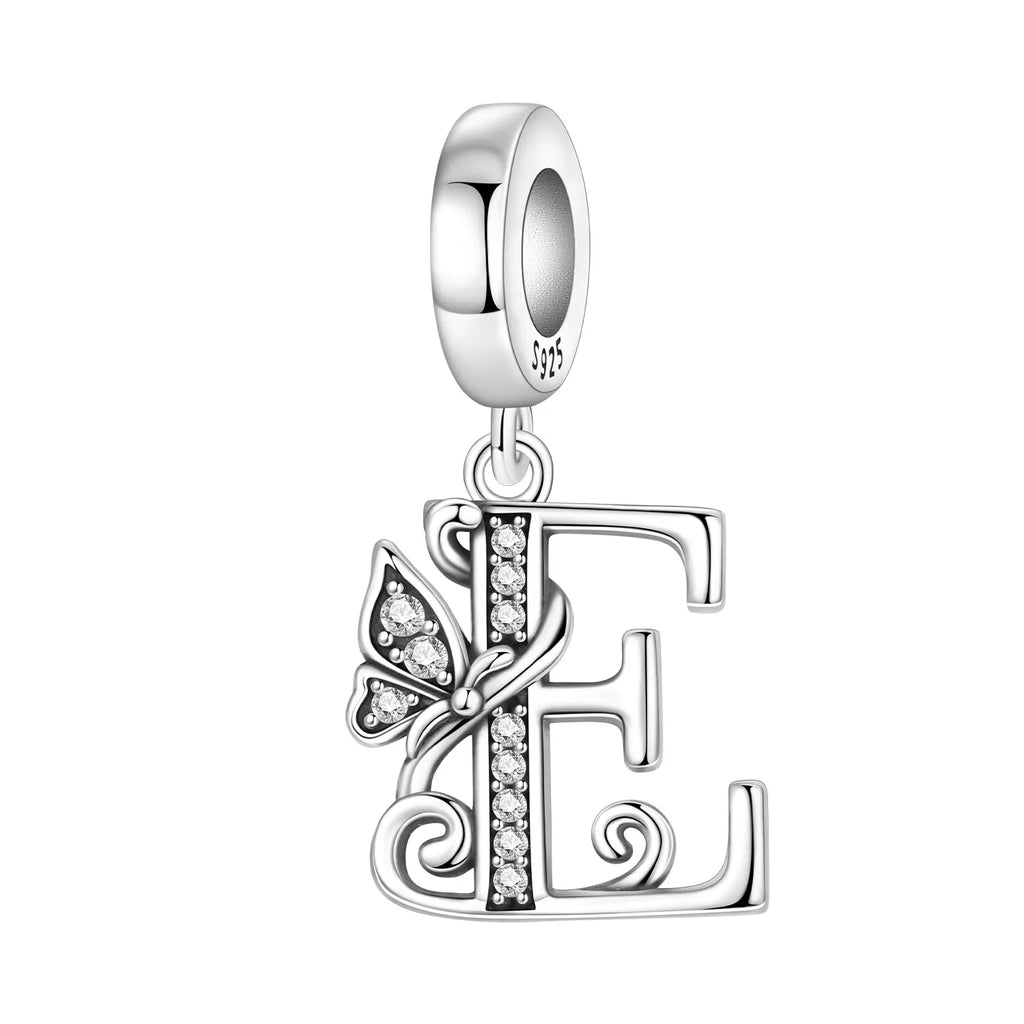 Original 925 Sterling Silver CZ Zircon Butterfly A-Z 26 Letter Charms Alphabet Beads Pendant Fit Bracelet Necklace DIY Jewelry