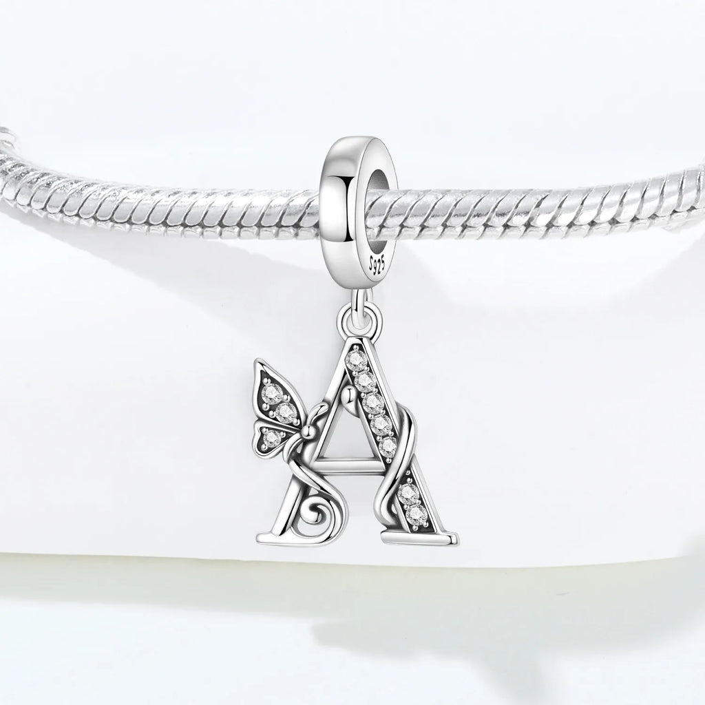 Original 925 Sterling Silver CZ Zircon Butterfly A-Z 26 Letter Charms Alphabet Beads Pendant Fit Bracelet Necklace DIY Jewelry