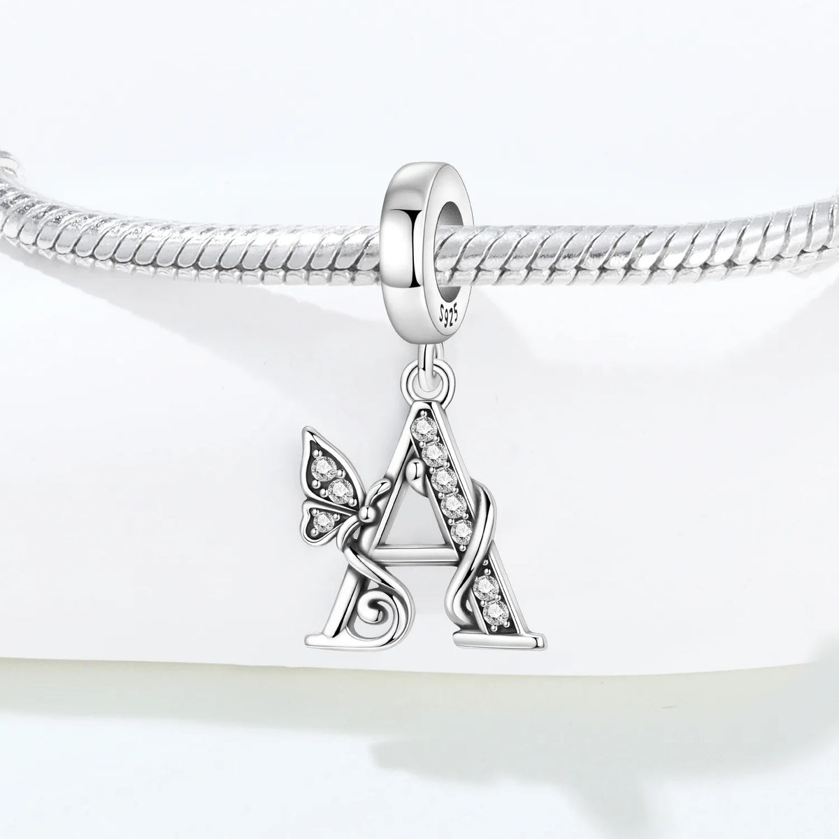 Original 925 Sterling Silver CZ Zircon Butterfly A-Z 26 Letter Charms Alphabet Beads Pendant Fit Bracelet Necklace DIY Jewelry