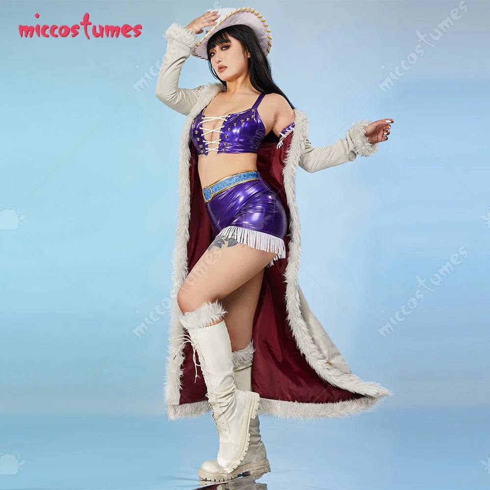 Miccostumes Women's Anime Cosplay Costume Bra and Miniskirt with Long Coat and Hat Halloween Cosplay Costumes