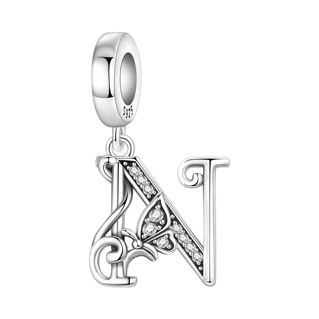 Original 925 Sterling Silver CZ Zircon Butterfly A-Z 26 Letter Charms Alphabet Beads Pendant Fit Bracelet Necklace DIY Jewelry