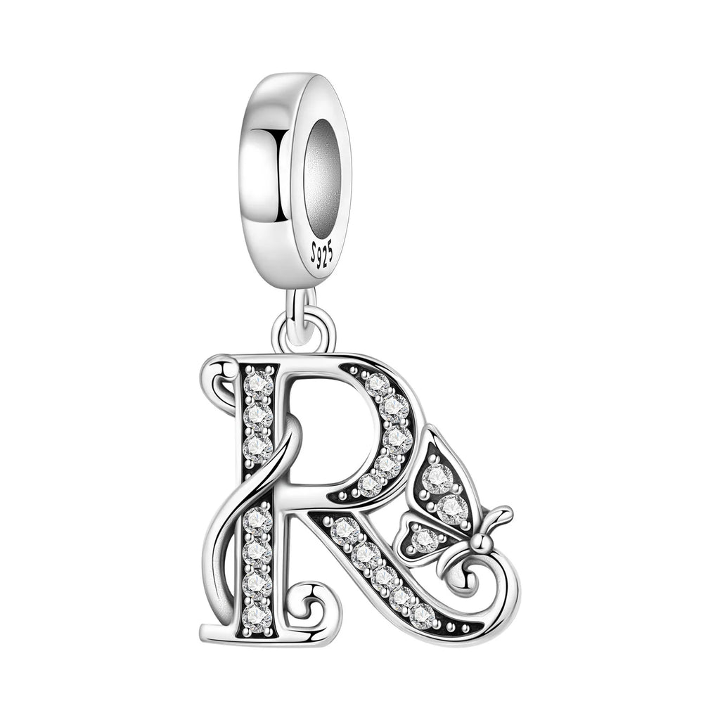 Original 925 Sterling Silver CZ Zircon Butterfly A-Z 26 Letter Charms Alphabet Beads Pendant Fit Bracelet Necklace DIY Jewelry