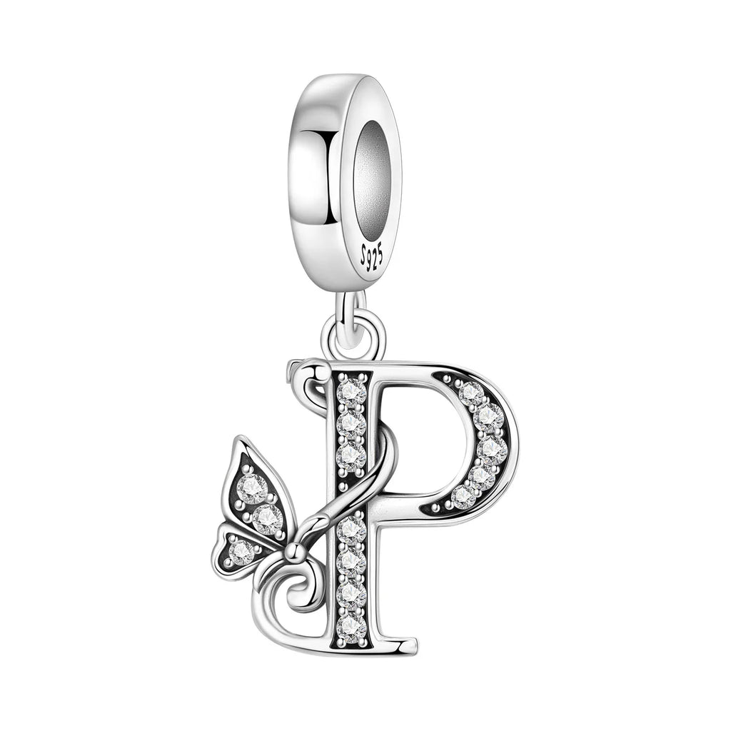 Original 925 Sterling Silver CZ Zircon Butterfly A-Z 26 Letter Charms Alphabet Beads Pendant Fit Bracelet Necklace DIY Jewelry