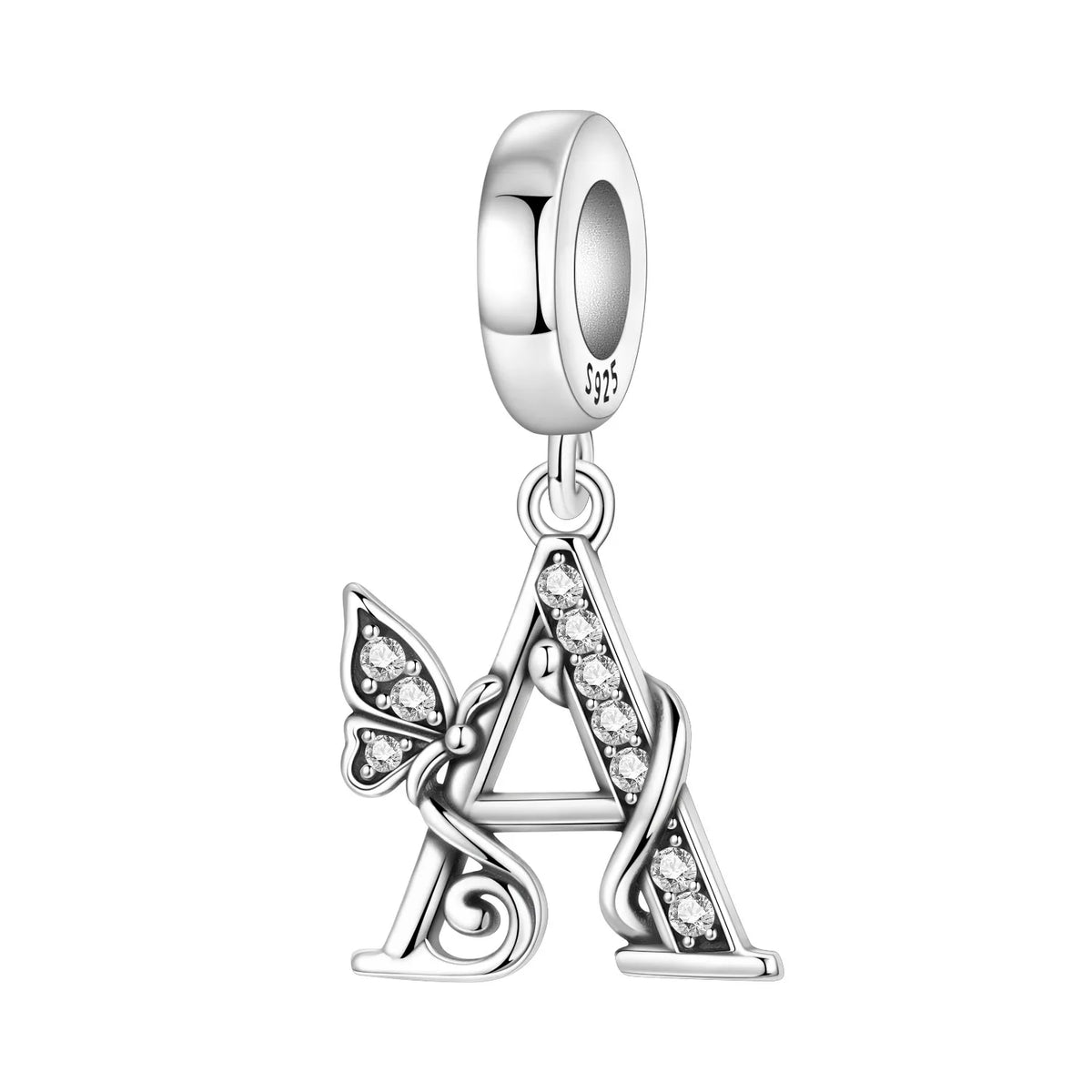 Original 925 Sterling Silver CZ Zircon Butterfly A-Z 26 Letter Charms Alphabet Beads Pendant Fit Bracelet Necklace DIY Jewelry