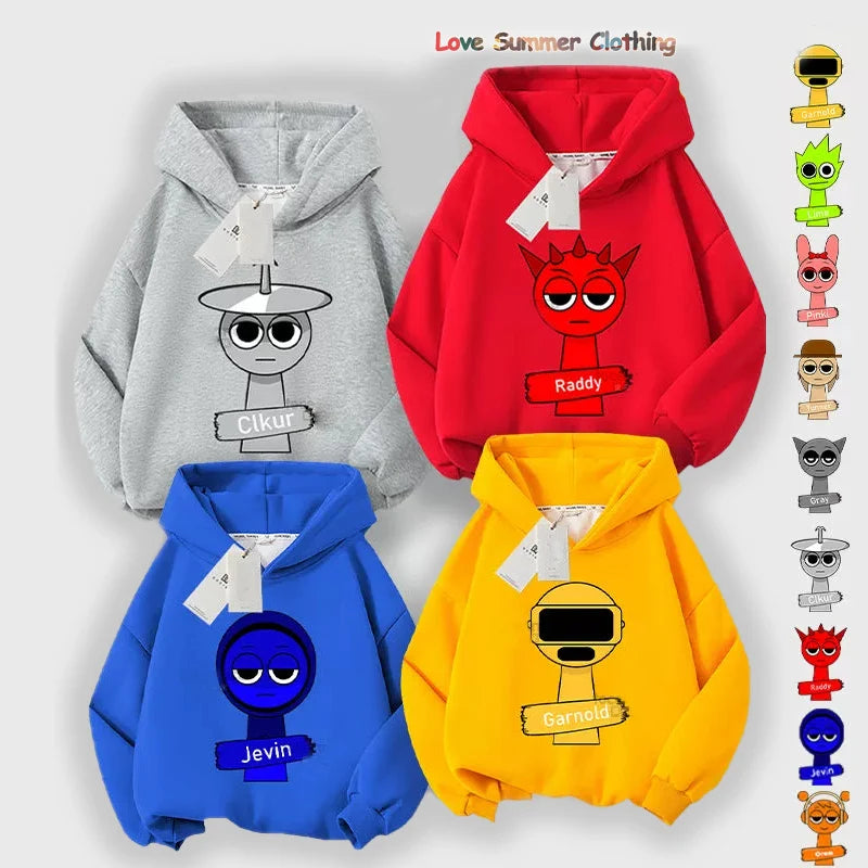 Sprunki Thick Hoodie for Children Anime Cartoon Fashion Sweatshirt Boys Girls Autumn Winter Hip Hop Hooded Hoodies Kids Clothes