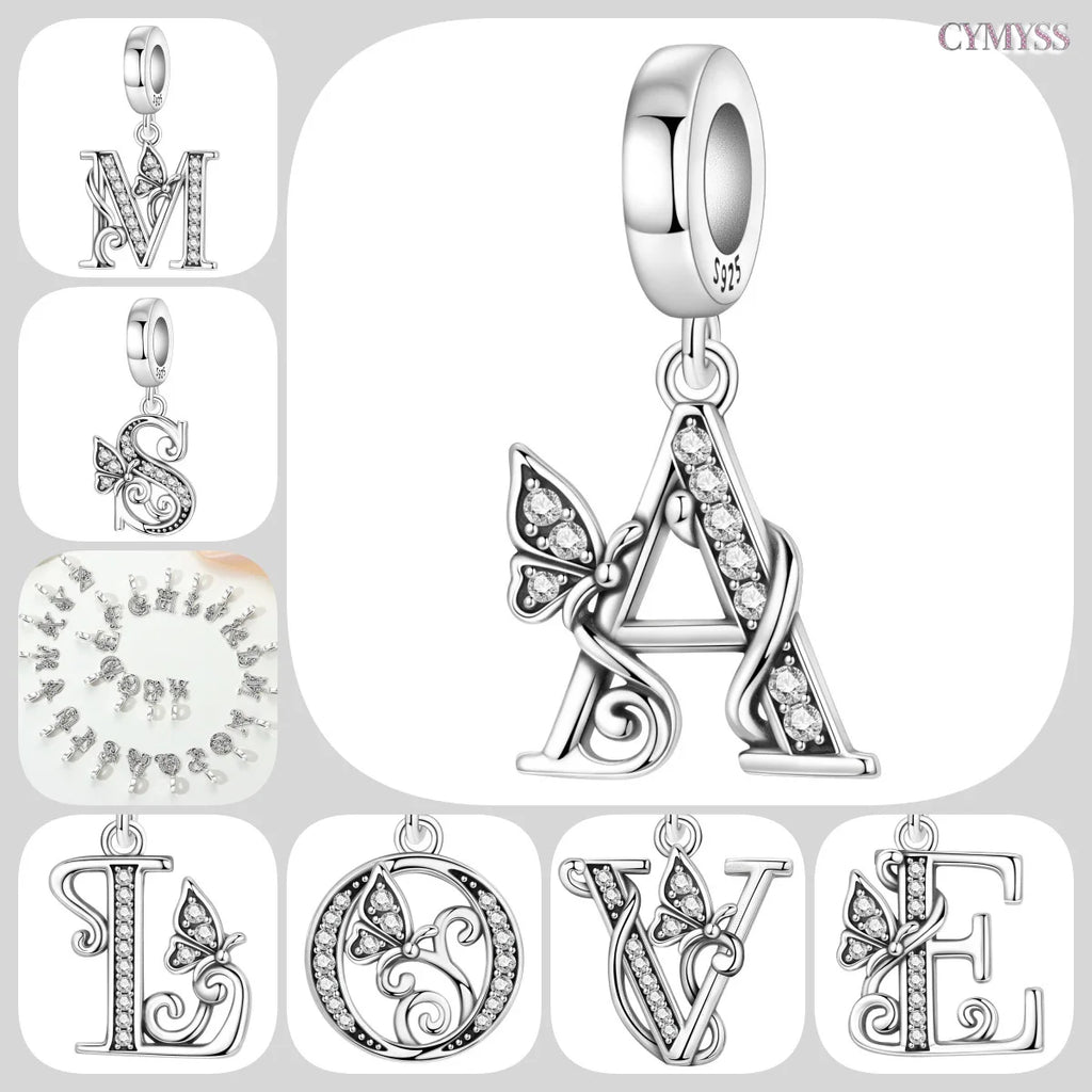 Original 925 Sterling Silver CZ Zircon Butterfly A-Z 26 Letter Charms Alphabet Beads Pendant Fit Bracelet Necklace DIY Jewelry